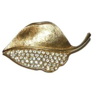 Gold Tone Leaf Brooch with Rhinestones